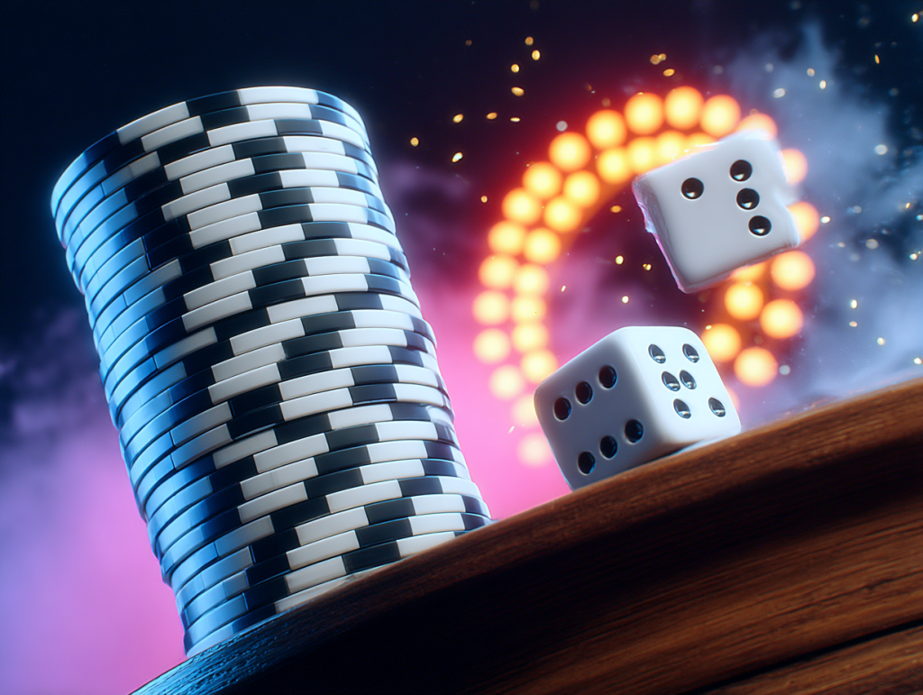 A stack of black and white poker chips next to two white dice mid-air, set against a vibrant casino-themed background with glowing circular lights and a smoky atmosphere.