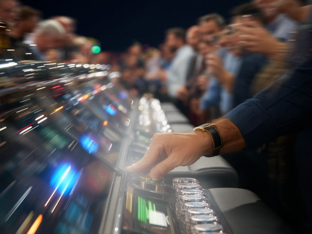 Close-up of a person pulling the lever on a row of slot machines in a crowded casino, with motion blur emphasizing the speed and excitement of gameplay.