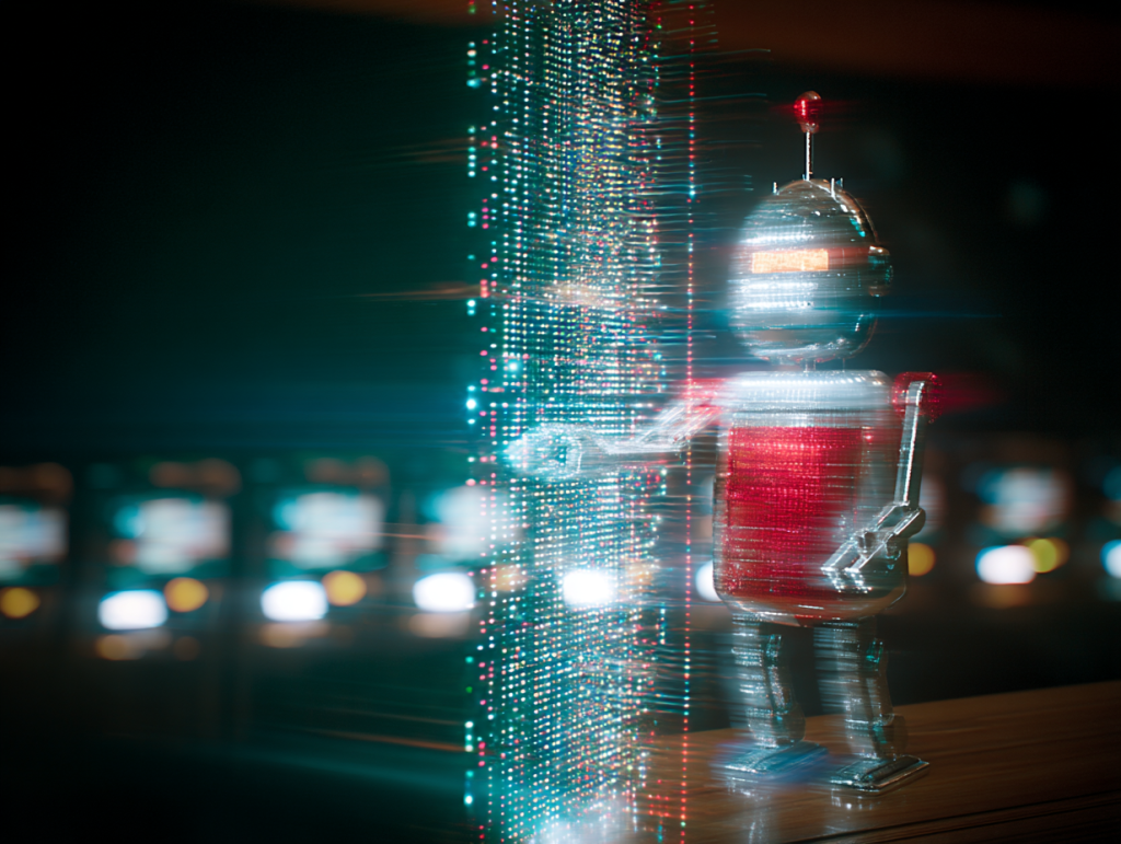 Futuristic robot interacting with a glowing digital wall of data, with slot machines blurred in the background—symbolizing AI analyzing crypto casino bonuses in a high-tech gambling environment.