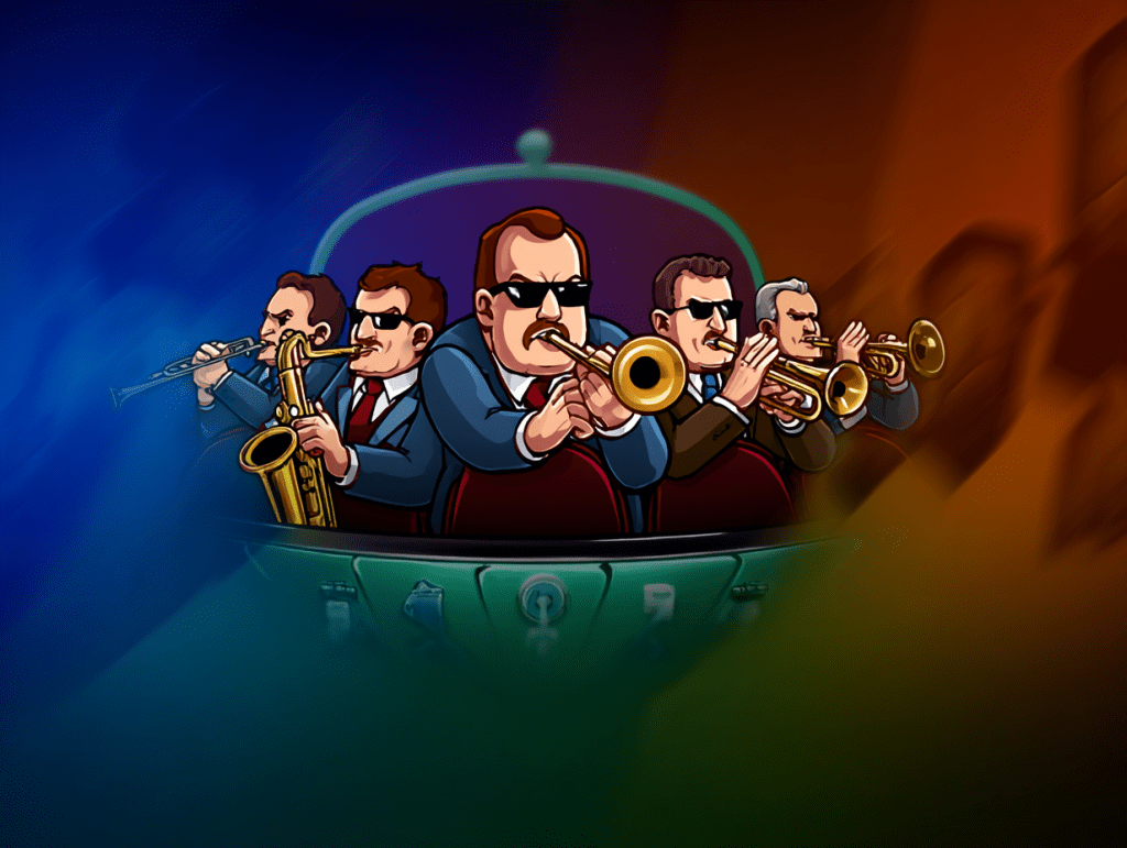 Trumpet players in alien spacepods with a green and blue background.