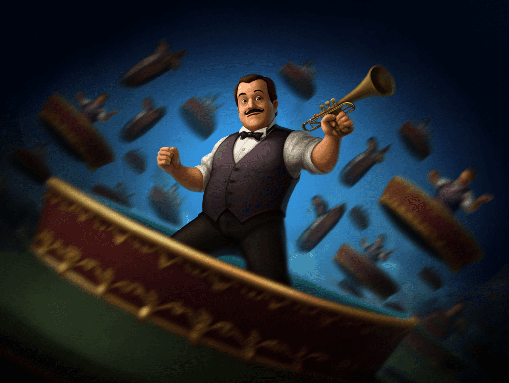 Cartoon-style jazz bandleader in a purple vest holding a trumpet triumphantly, standing on a floating stage with multiple identical musicians and instruments hovering in the background against a deep blue backdrop.