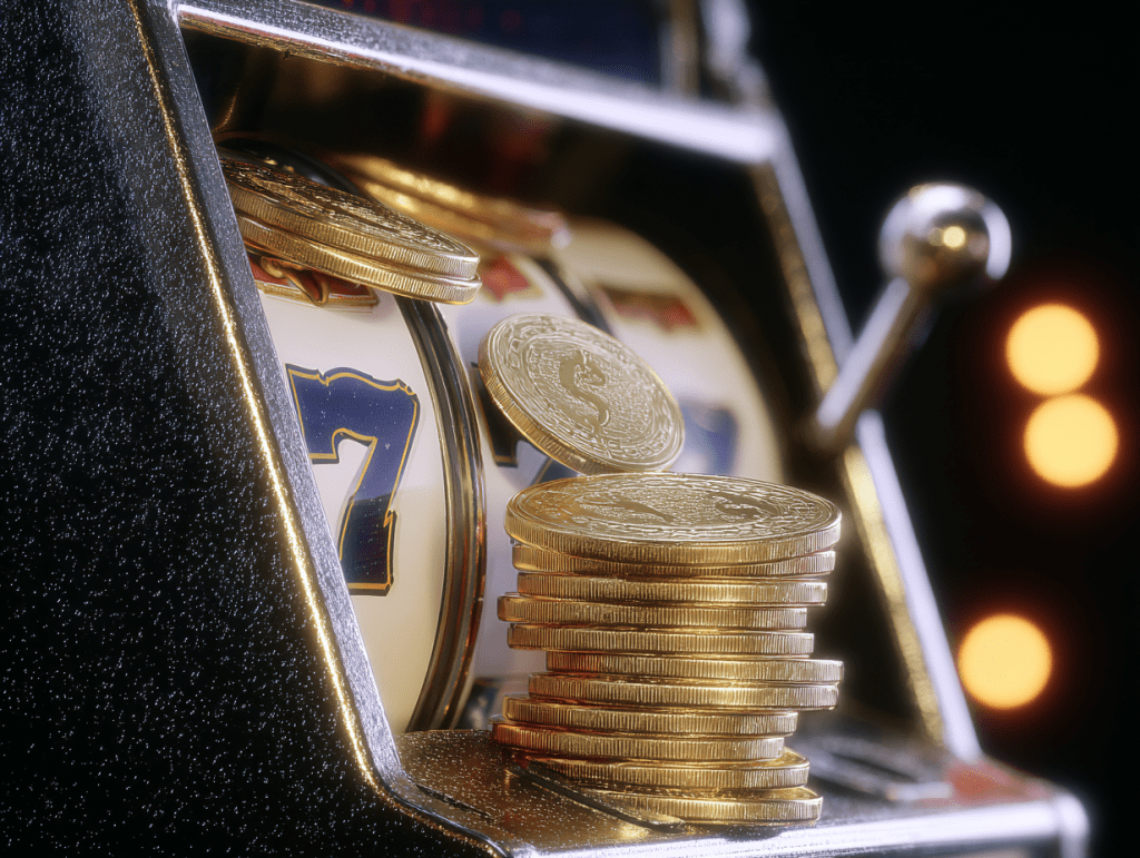 A close-up of a vintage slot machine showing three 7s on the reels, with a large stack of shiny gold coins spilling out, symbolizing a big jackpot win. The background is softly lit with warm bokeh lights.