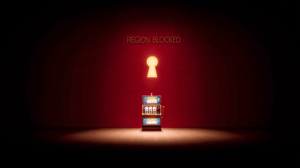Slot machine under a glowing keyhole with the words 'Region Blocked', symbolizing geo-restricted access to online slots.