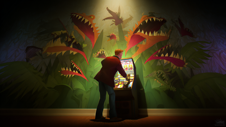 A man plays a glowing slot machine in a dark room while giant, menacing plant-like monsters with sharp teeth loom around him, symbolizing the hidden dangers and traps of gambling.