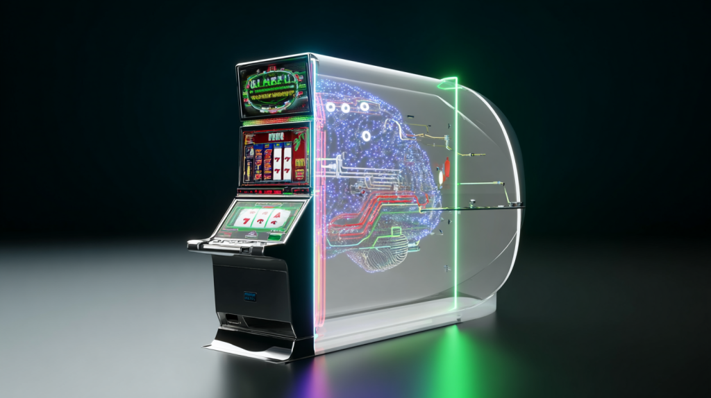 Futuristic slot machine with a digital brain inside, symbolizing RNG technology and the role of algorithms in determining slot outcomes.