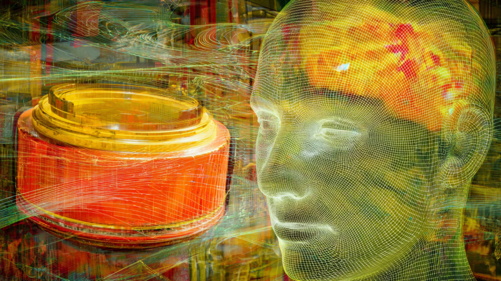 Abstract digital artwork showing a translucent wireframe human head with bright neural activity highlighted in red and yellow inside the brain. On the left, a large glowing casino-style button appears surrounded by swirling golden and green sound waves. The entire composition blends technology, psychology, and sensory stimulation, symbolizing how sound and design influence the human mind.