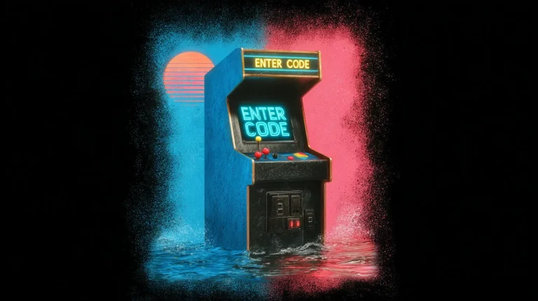 A retro synthwave style artwork featuring a glowing arcade cabinet with a screen displaying "ENTER CODE" in neon green text, surrounded by 80s gaming nostalgia aesthetics.