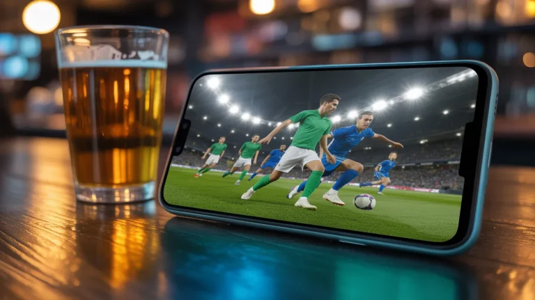 A smartphone screen displaying a live football match, the phone is resting on a bar table with a beer, the screen is glowing bright, emphasizing the convenience of mobile live streaming.