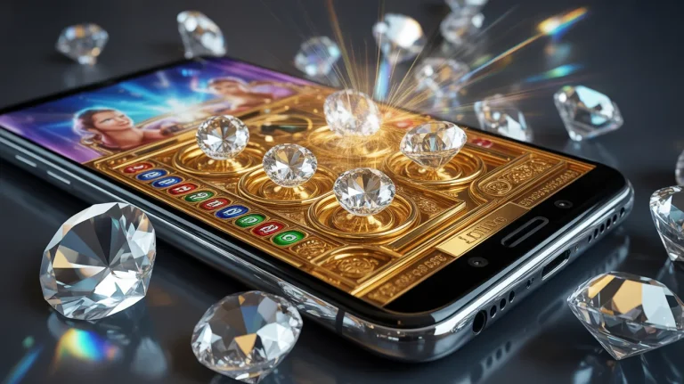 Close up of a high-end smartphone screen displaying a luxury slot game with gold and diamond textures, the image is incredibly sharp and vibrant, breaking the "fourth wall" of the screen.