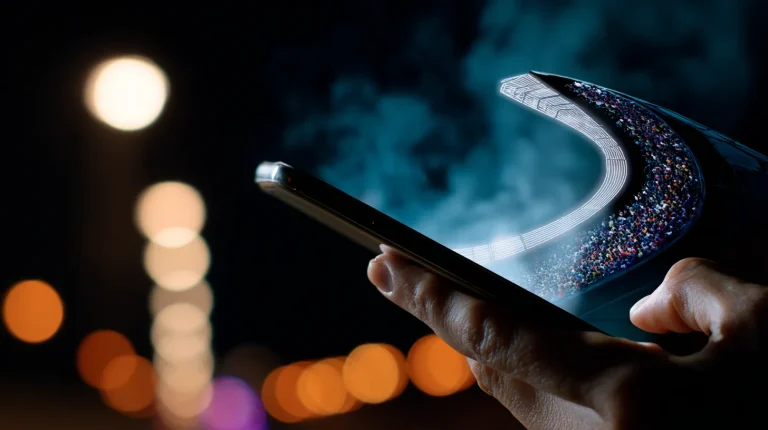 A cinematic close-up of a thumb hovering over a smartphone screen, the screen is emitting a holographic projection of a sports stadium, emphasizing the power of betting in the palm of your hand.