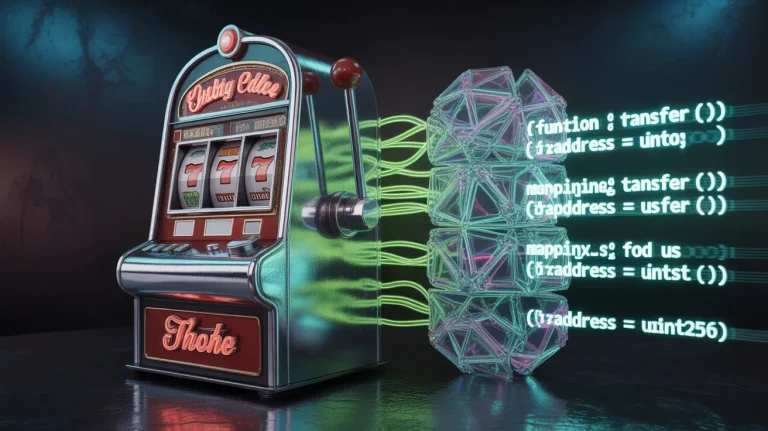 A classic vintage slot machine but the internal mechanics are visible and made of glowing blockchain nodes and smart contract code, bridging the gap between retro gambling and transparent math.