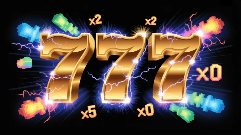 A massive golden 777 glowing with electric energy, surrounded by exploding digital particles and multipliers.