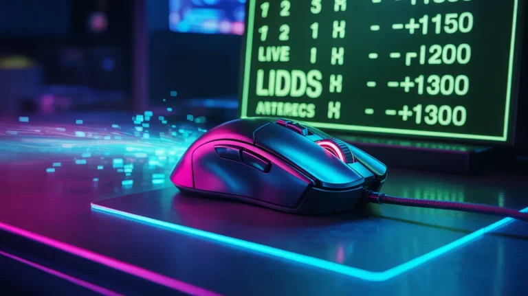 A high-speed gaming mouse trailing a trail of digital sparks, clicking on a glowing live odds feed.