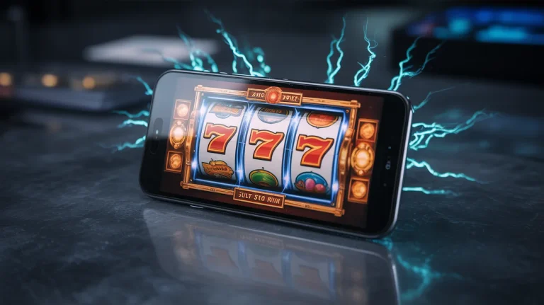 A high-speed smartphone screen rendering a glowing, hyper-detailed digital slot machine, with electric blue particles emitting from the screen.
