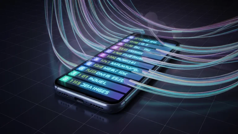 A high-tech smartphone displaying a glowing real-time leaderboard, with thousands of digital data streams funneling into the screen from the background.