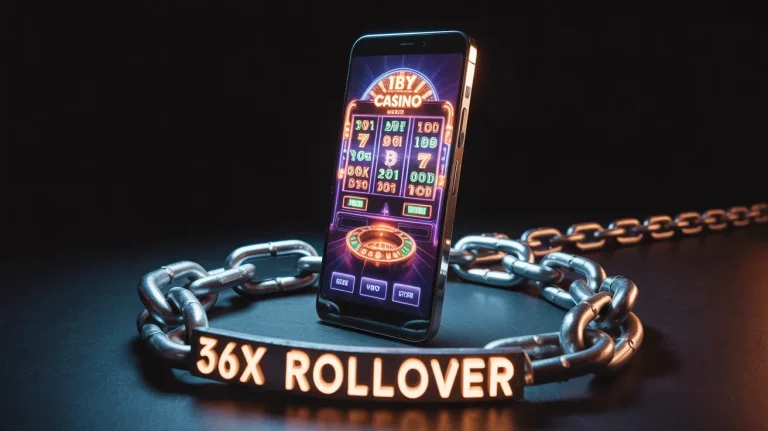 A sleek smartphone displaying a blazing fast, neon crypto casino interface, but the phone is tethered to a heavy glowing chain labeled "36x ROLLOVER".