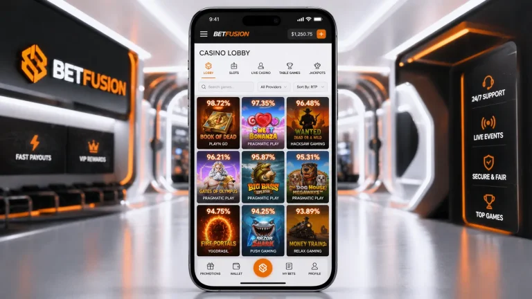A sleek smartphone displaying a hyper-organized casino lobby with glowing RTP percentages hovering over the game tiles, high contrast, clean white and orange aesthetic, 8k