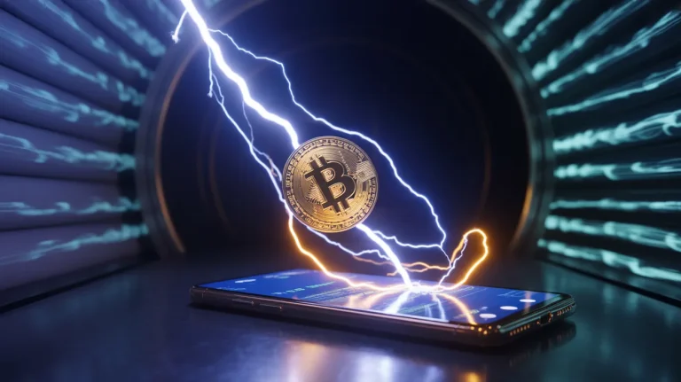 A glowing blue lightning bolt zipping through a dark fiber-optic tunnel, carrying a golden Bitcoin directly into a smartphone wallet.
