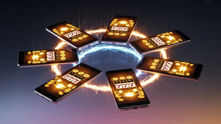 Multiple smartphone screens floating in a circle, all showing the same glowing slot win, connected by lines of light.