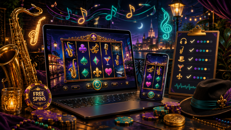 Laptop and mobile phone showing a colorful slot demo with musical notes, saxophone shapes, neon lounge lights, free spin icons, casino chips, and a slot vibe test checklist.