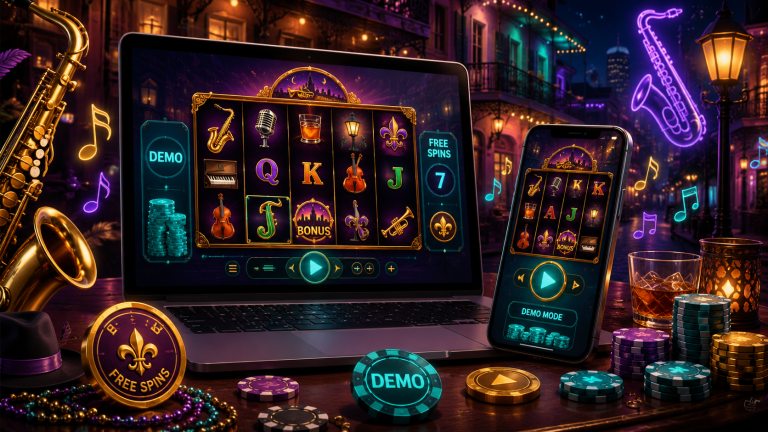 Jazz-themed free slot demo setup with a glowing slot machine on laptop and mobile, musical notes, casino chips, free spin icons, and New Orleans-style neon lights.