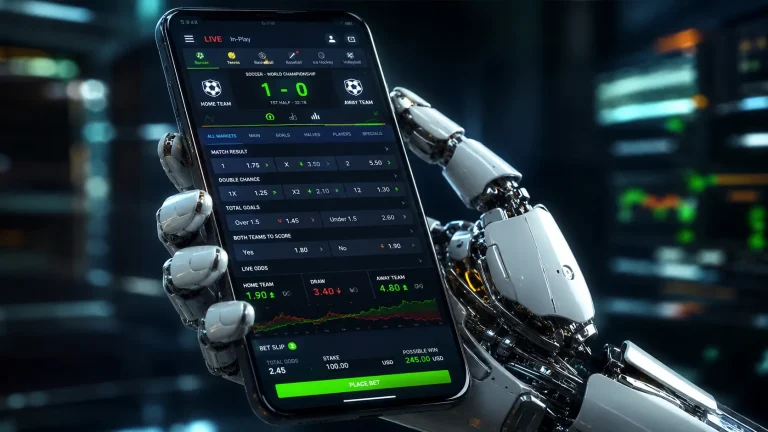 A smartphone held in a robotic hand, displaying a hyper-crisp, glowing sports betting interface with instant live odds updating in real-time, 8k