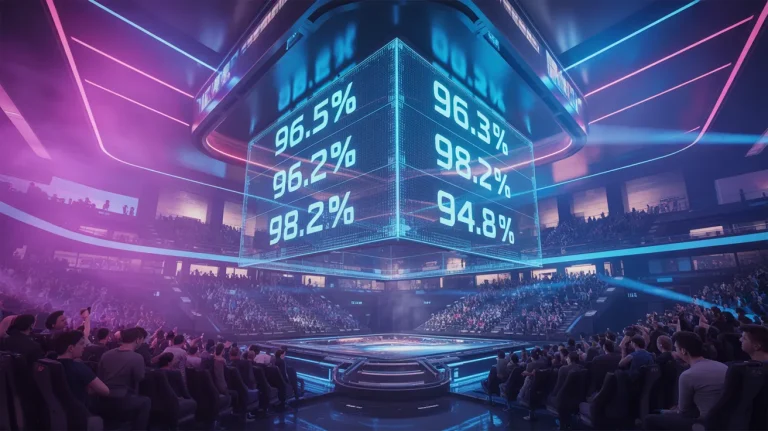 A futuristic esports stadium integrated with a transparent holographic data grid displaying slot RTP percentages, cinematic neon lighting, photorealistic 8k