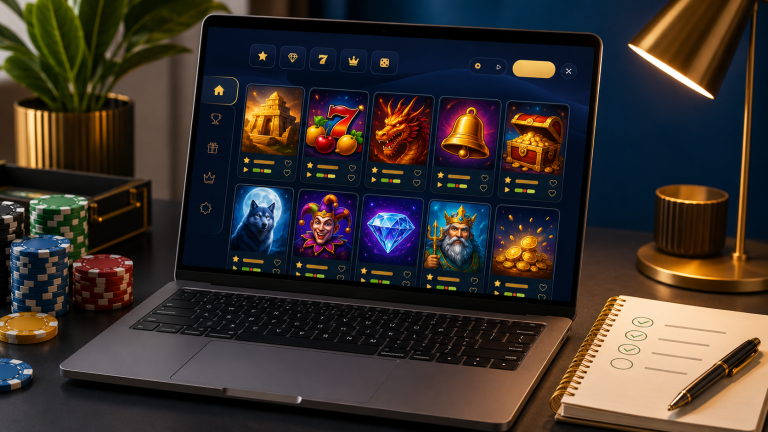 Laptop showing a modern slot game lobby with slot tiles and game details, beside a notebook checklist, casino chips, and pen on a clean desk.