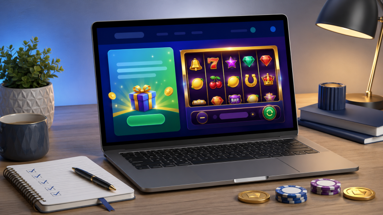 Laptop showing a simple slot free spins offer page beside a notebook checklist, pen, and slot tokens on a clean desk.
