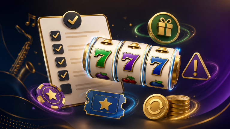 Floating slot reels with a demo checklist, bonus tokens, raffle ticket icon, cashback coins, and a cautious warning marker.