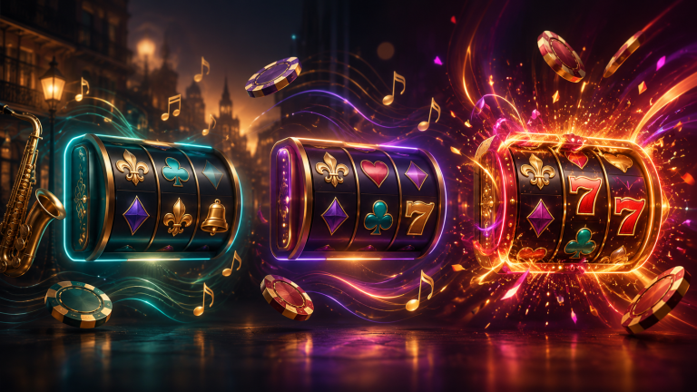 Three floating slot reel panels showing calm, balanced, and wild volatility styles with jazz-inspired neon lights, casino chips, and musical notes.